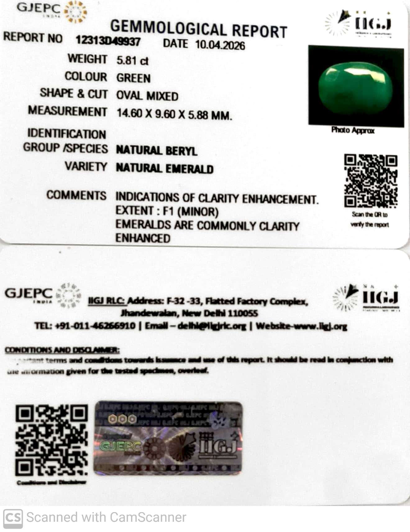 5.81/CT Natural Panna Stone with Govt. Lab Certificate-12313D49937