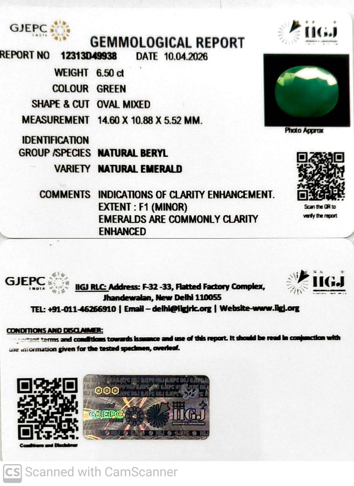 6.5/CT Natural Panna Stone with Govt. Lab Certificate-12313D49938