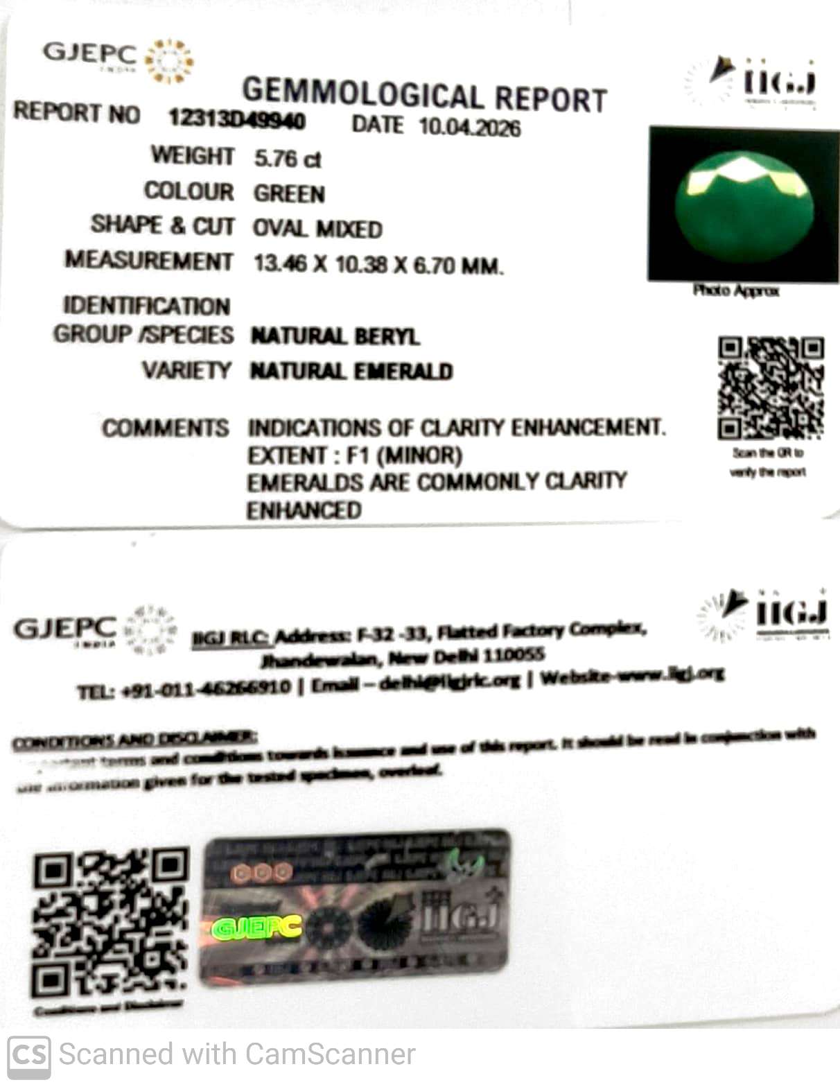 5.76/CT Natural Panna Stone with Govt. Lab Certificate-12313D49940