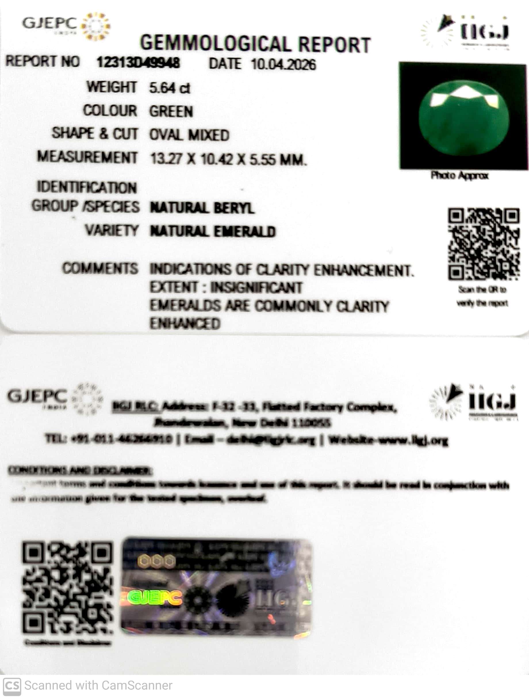 5.64/CT Natural Panna Stone with Govt. Lab Certificate-12313D49948