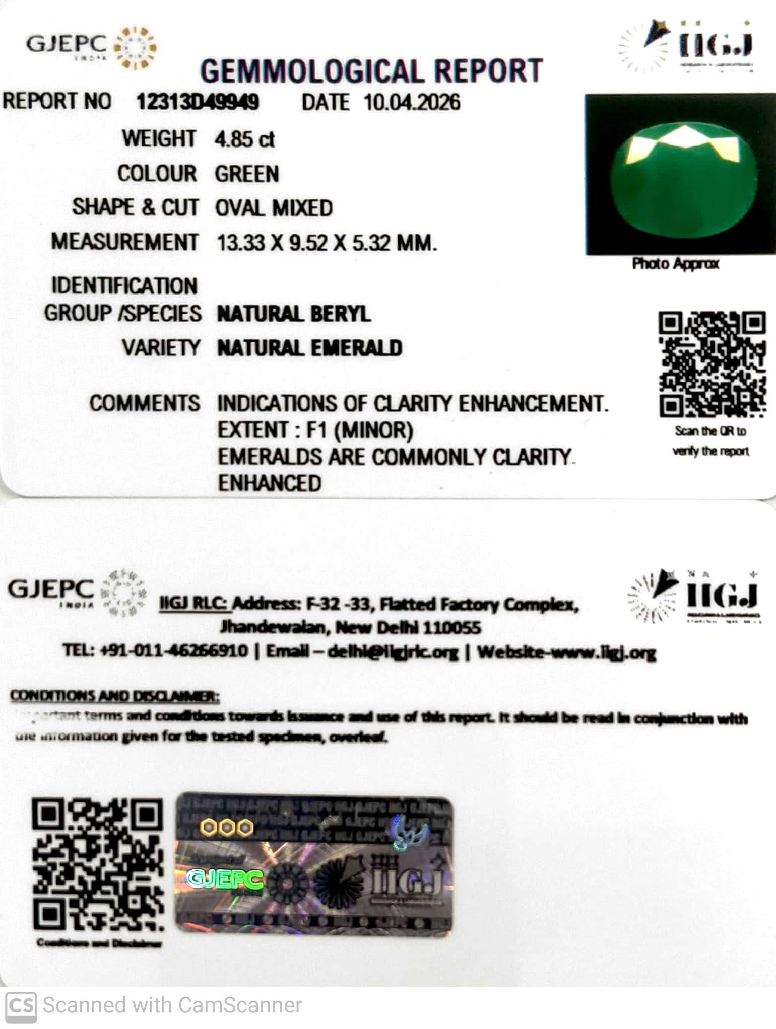 4.85/CT Natural Panna Stone with Govt. Lab Certificate-12313D49949