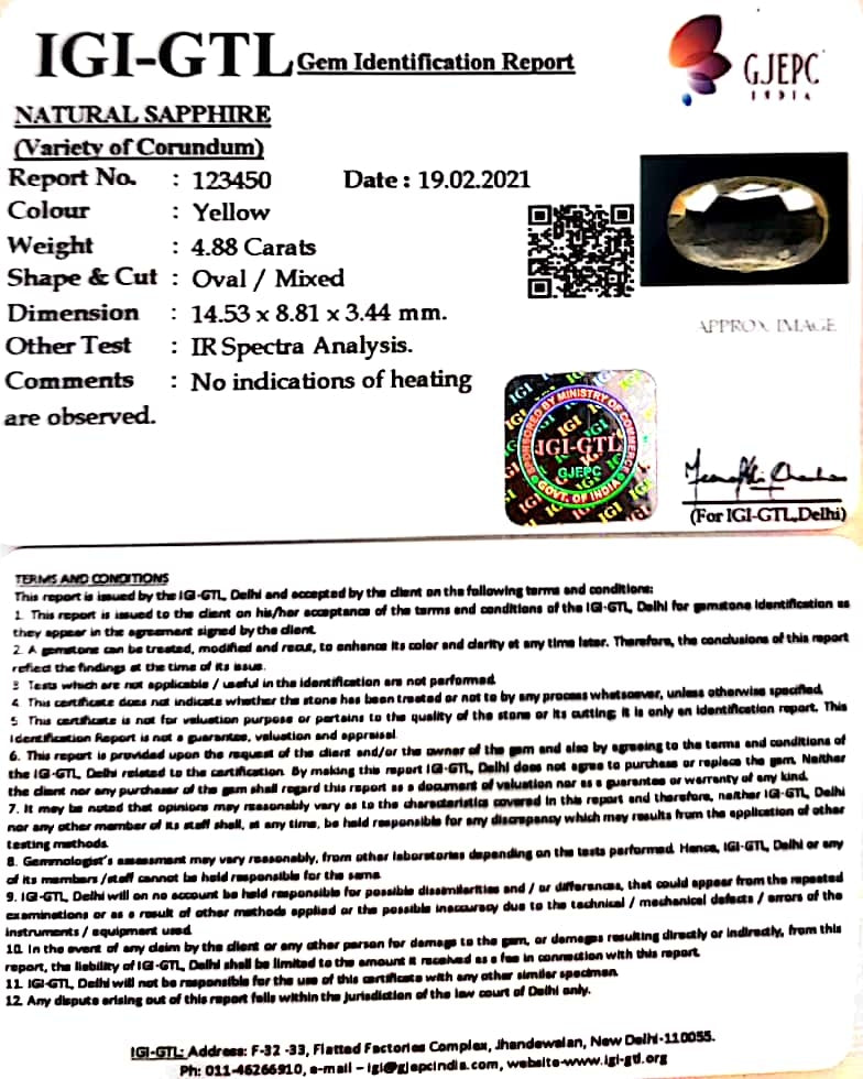 4.88/CT Natural yellow sapphire with Govt Lab Certificate-YELSA9U