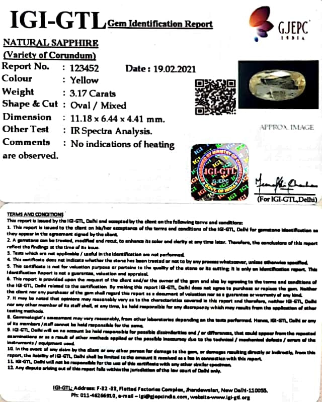 3.17/CT Natural yellow sapphire with Govt Lab Certificate-YELSA9U