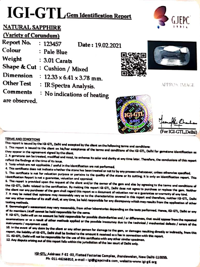 3.01/CT Natural Blue Sapphire With Govt Lab Certificate-BLUSA9S