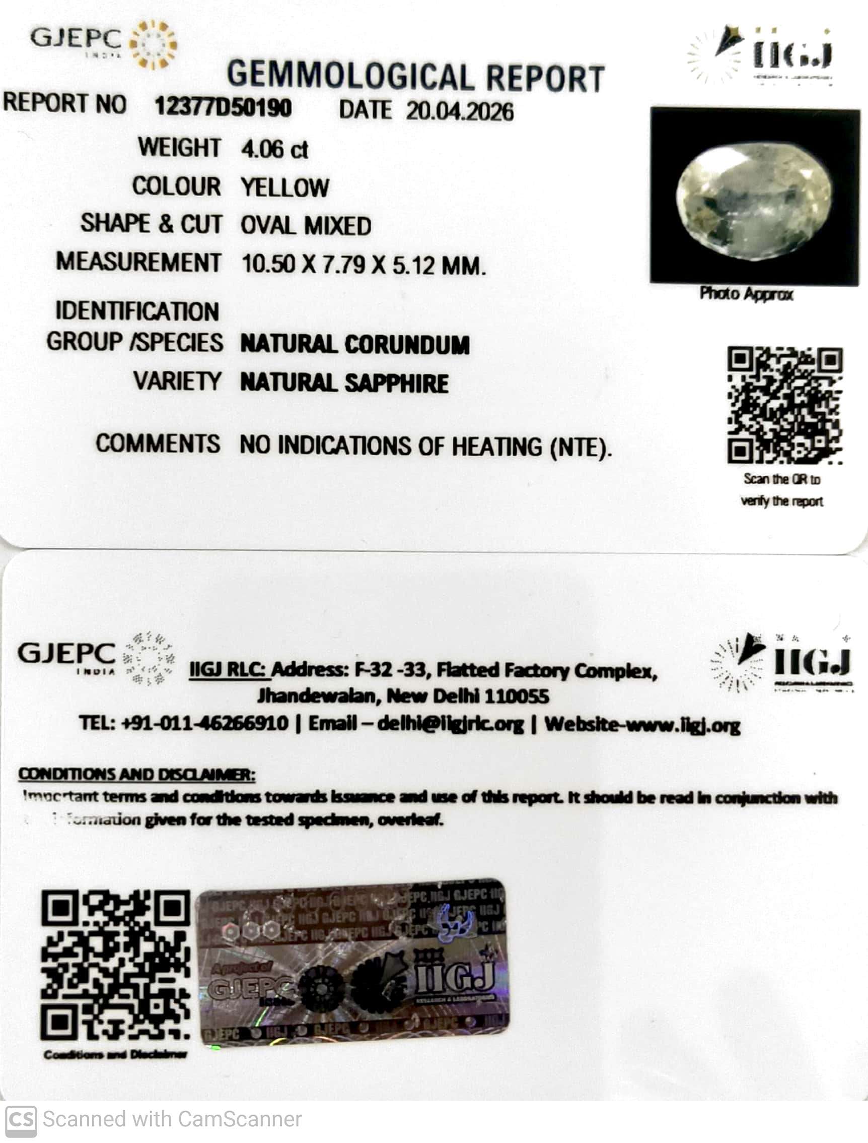 4.06/CT Natural Yellow Sapphire With Govt Lab Certificate-12377D50190