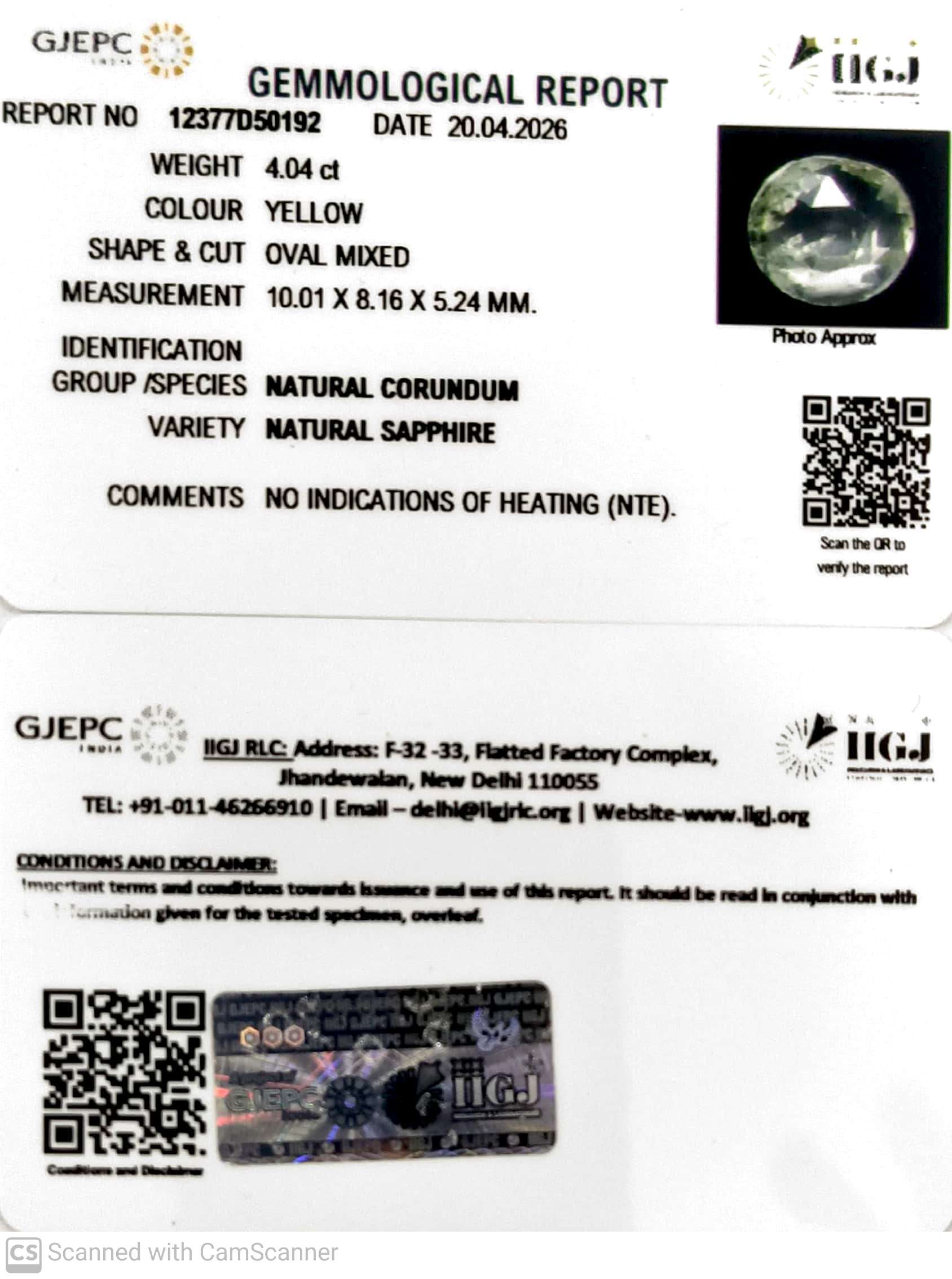 4.04/CT Natural Yellow Sapphire With Govt Lab Certificate-12377D50192