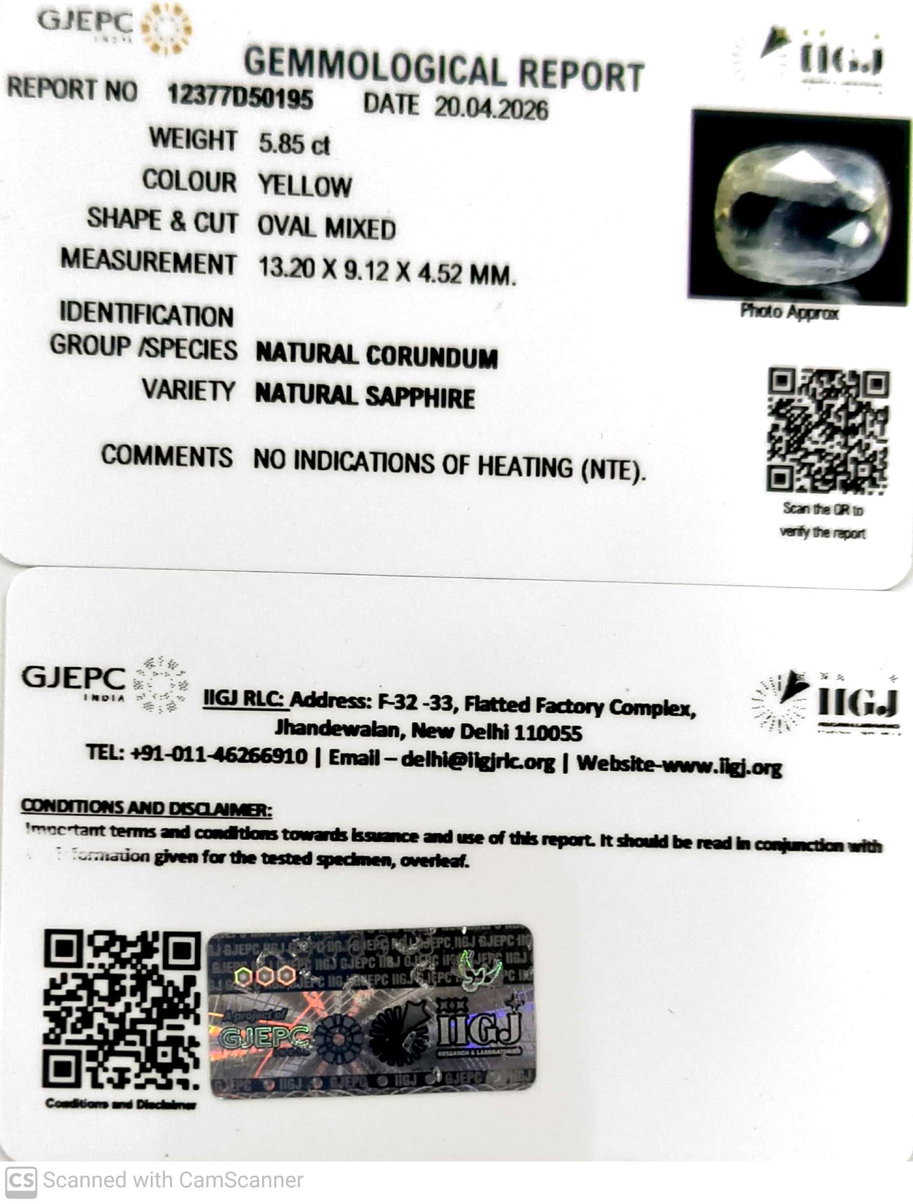 5.85/CT Natural Yellow Sapphire With Govt Lab Certificate-12377D50195