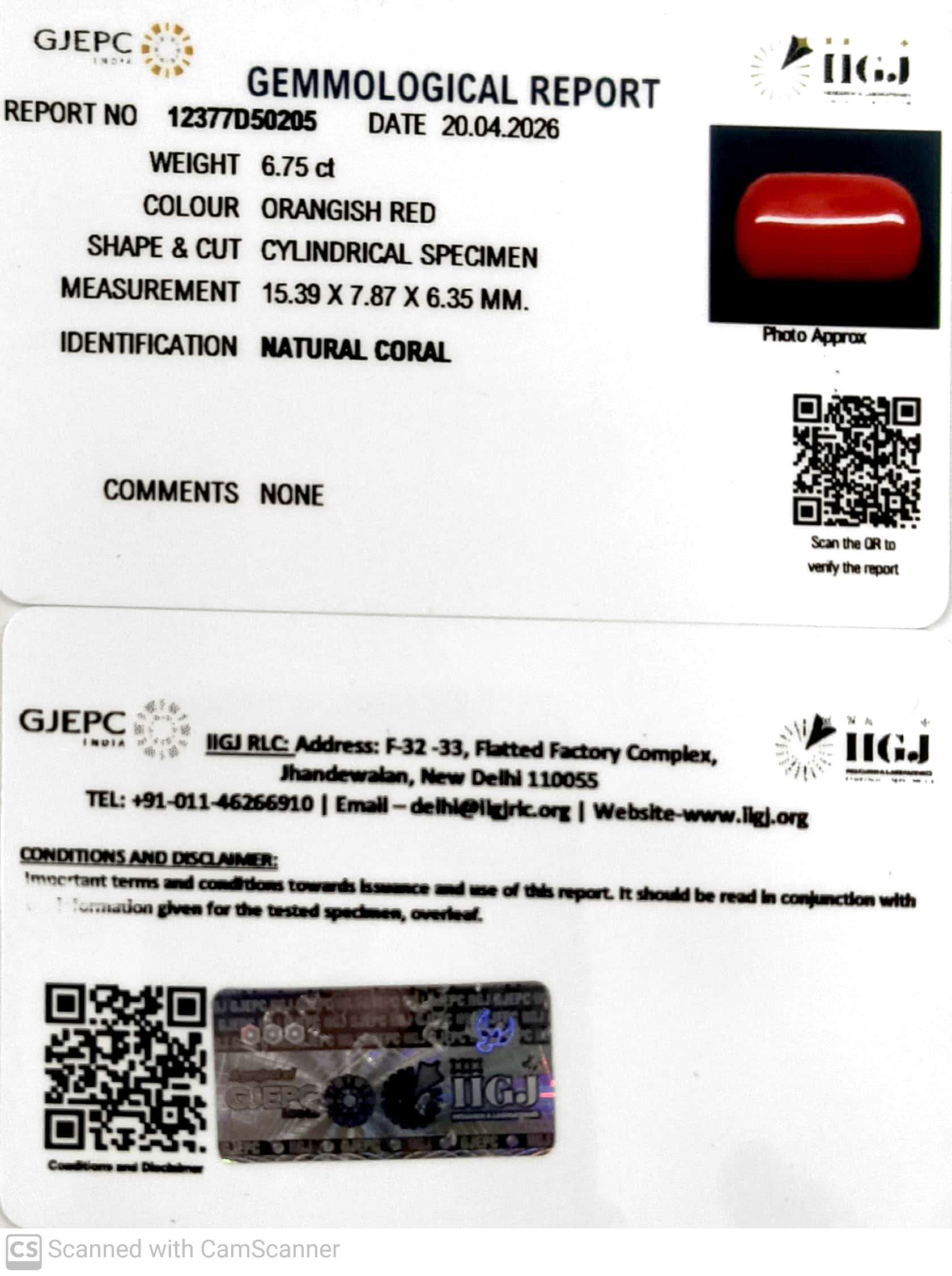 6.75/CT Natural Red Coral With Govt. Lab Certificate-12377D50205