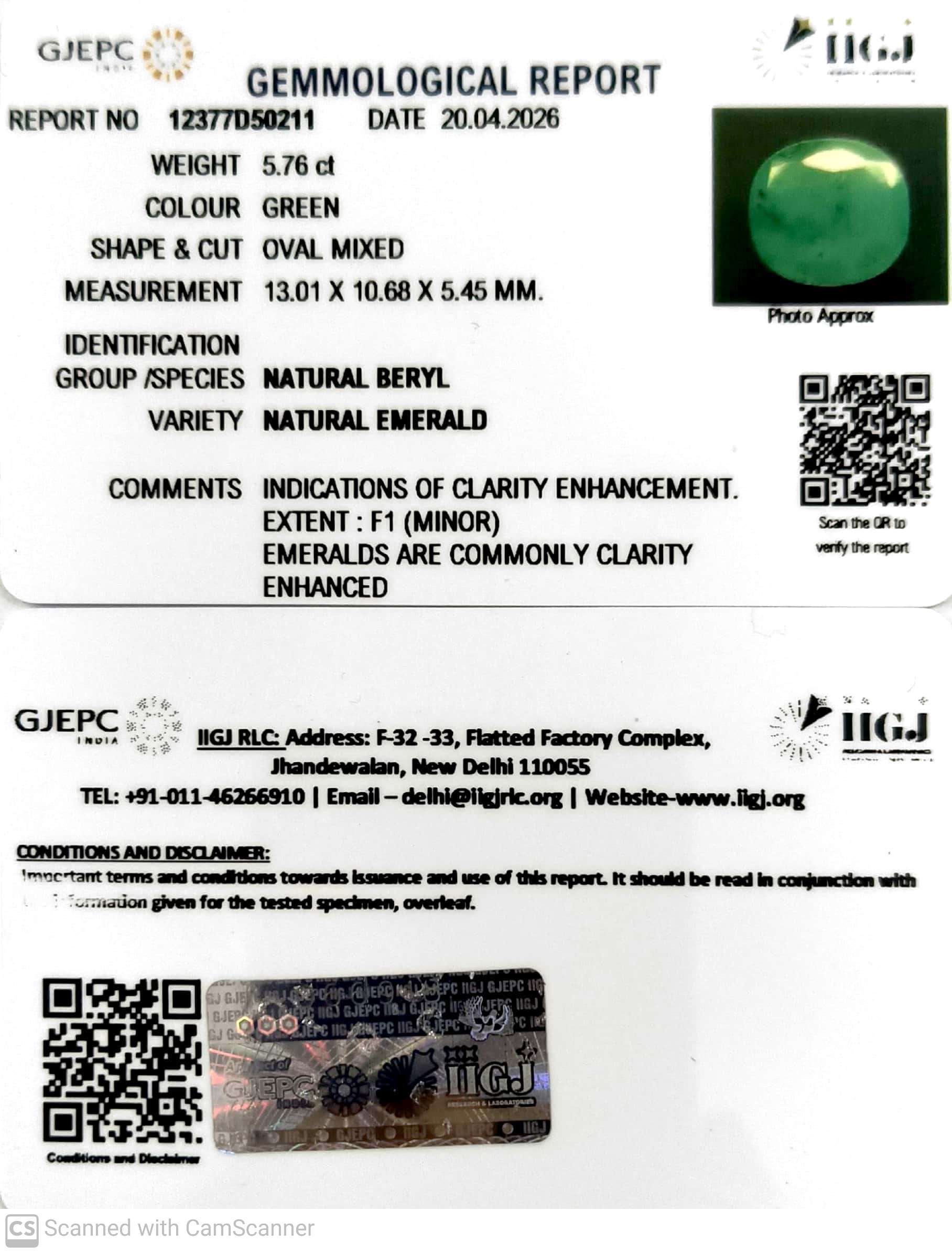 5.76/CT Natural Panna Stone with Govt. Lab Certificate-12377D50211