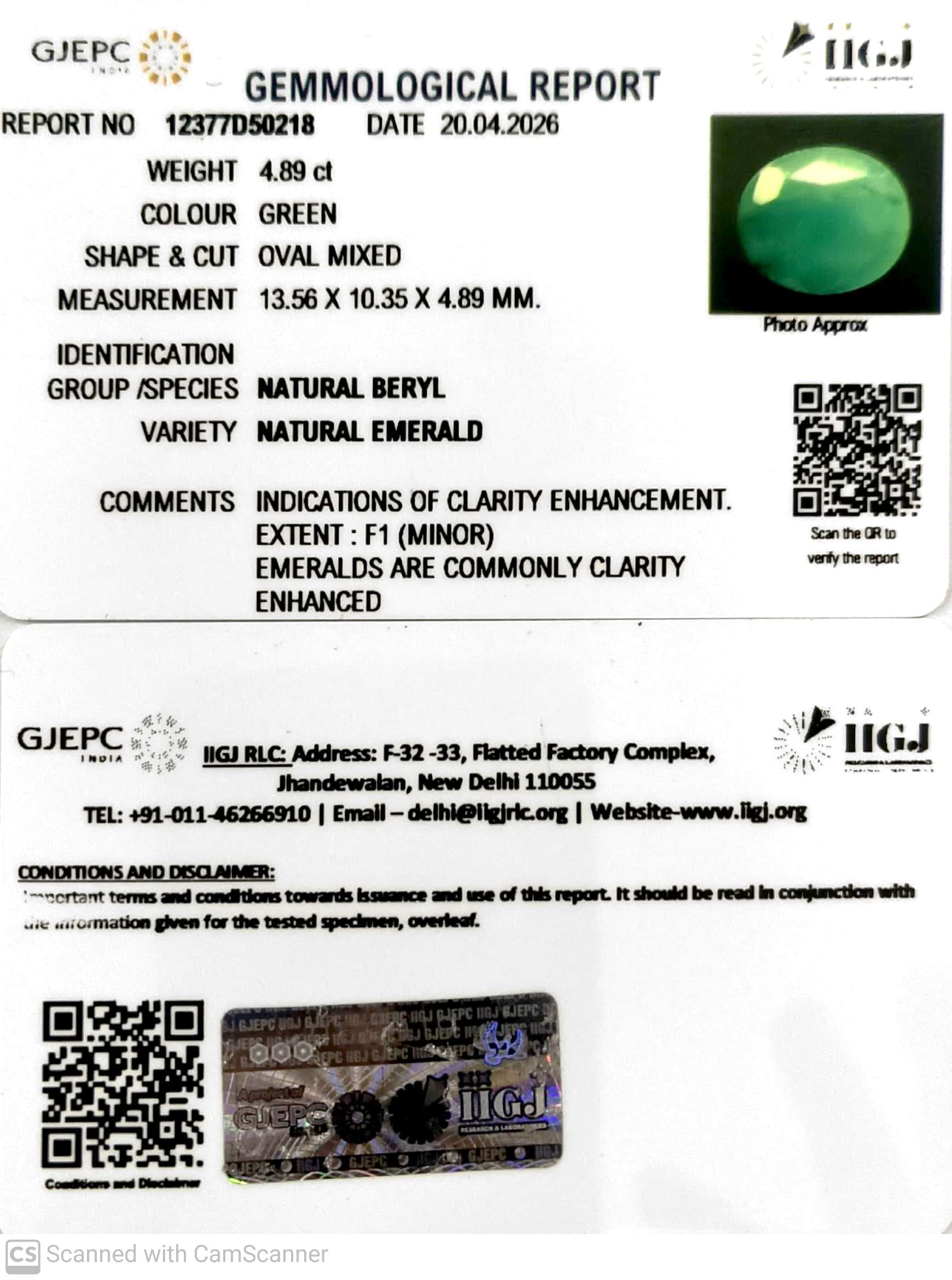 4.89/CT Natural Panna Stone with Govt. Lab Certificate-12377D50218