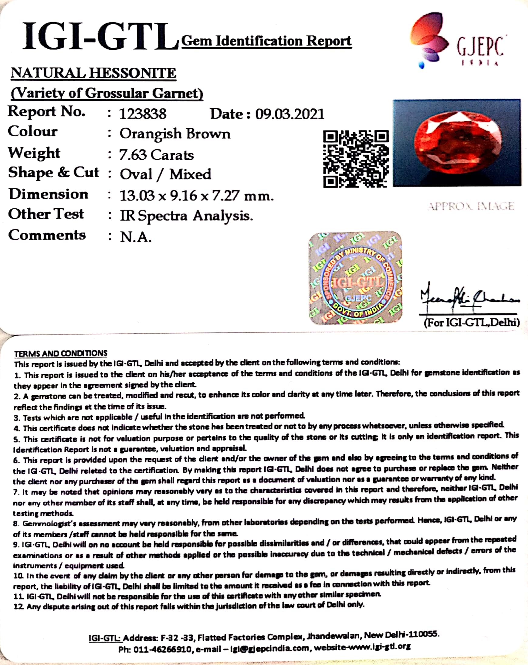 7.63/CT Natural Hessonite with Govt. Lab Certificate