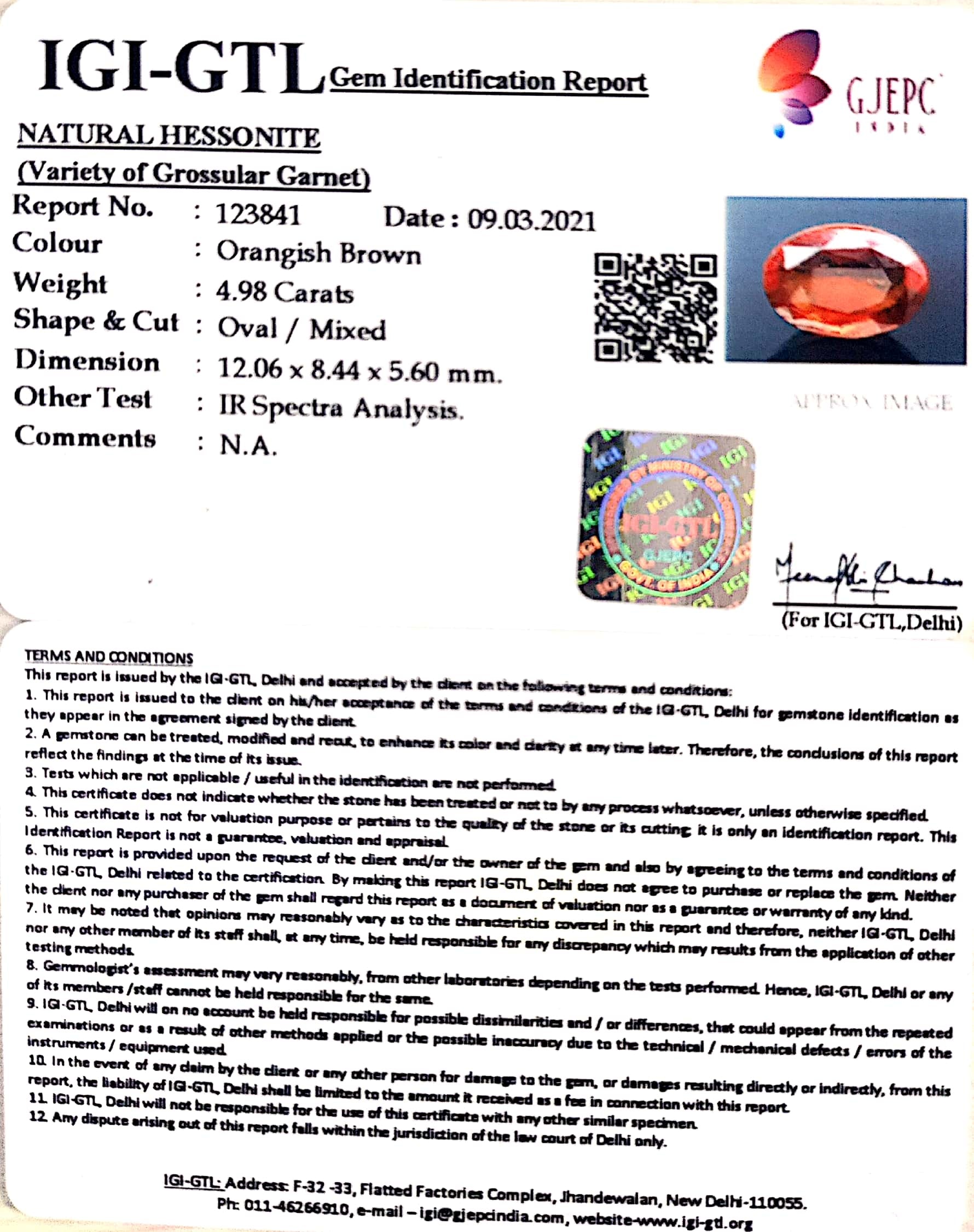 5.52 Ratti Natural Hessonite with Govt. Lab Certificate-(1221)