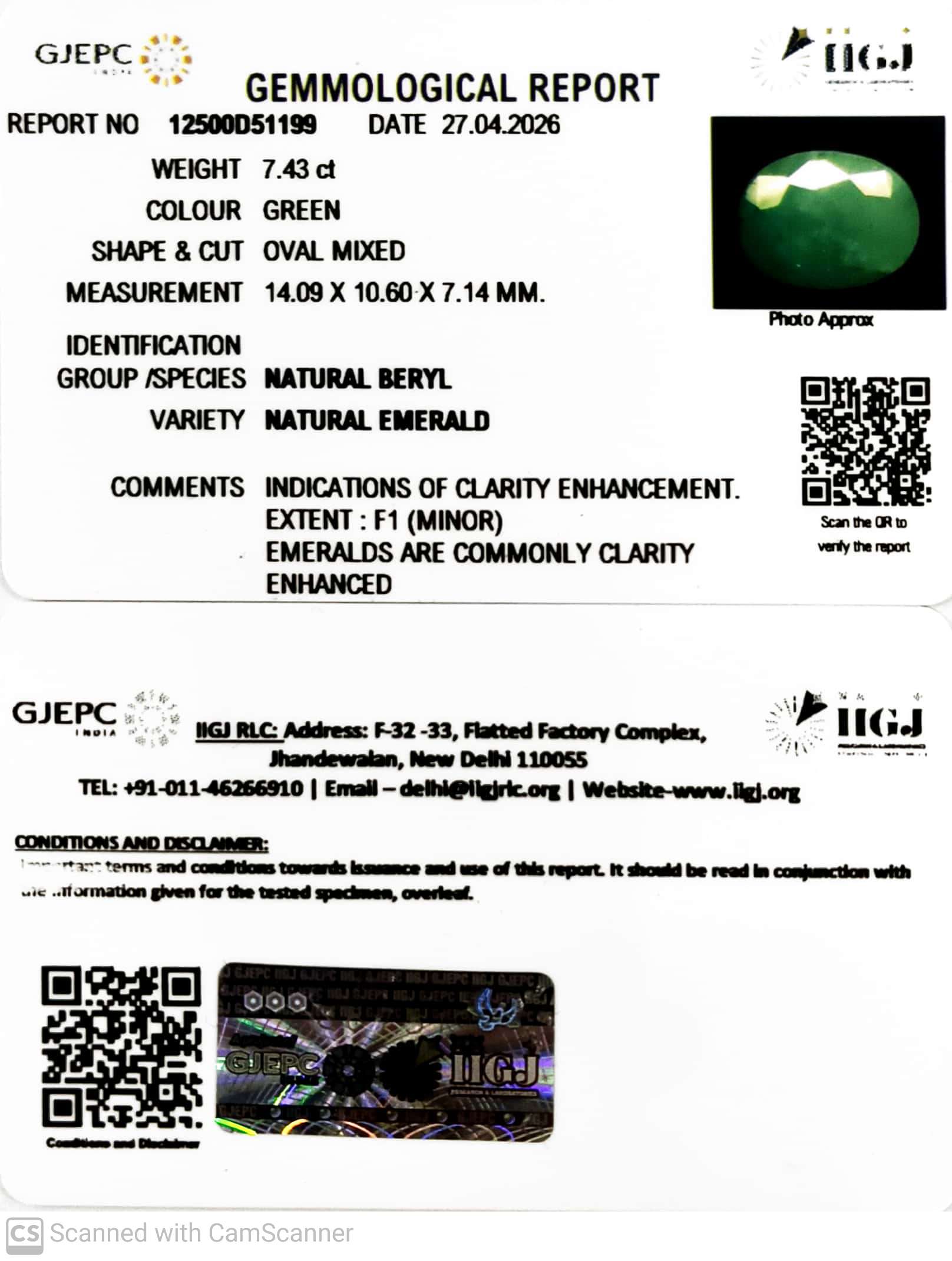 7.43/CT Natural Panna Stone with Govt. Lab Certificate-12500D51199