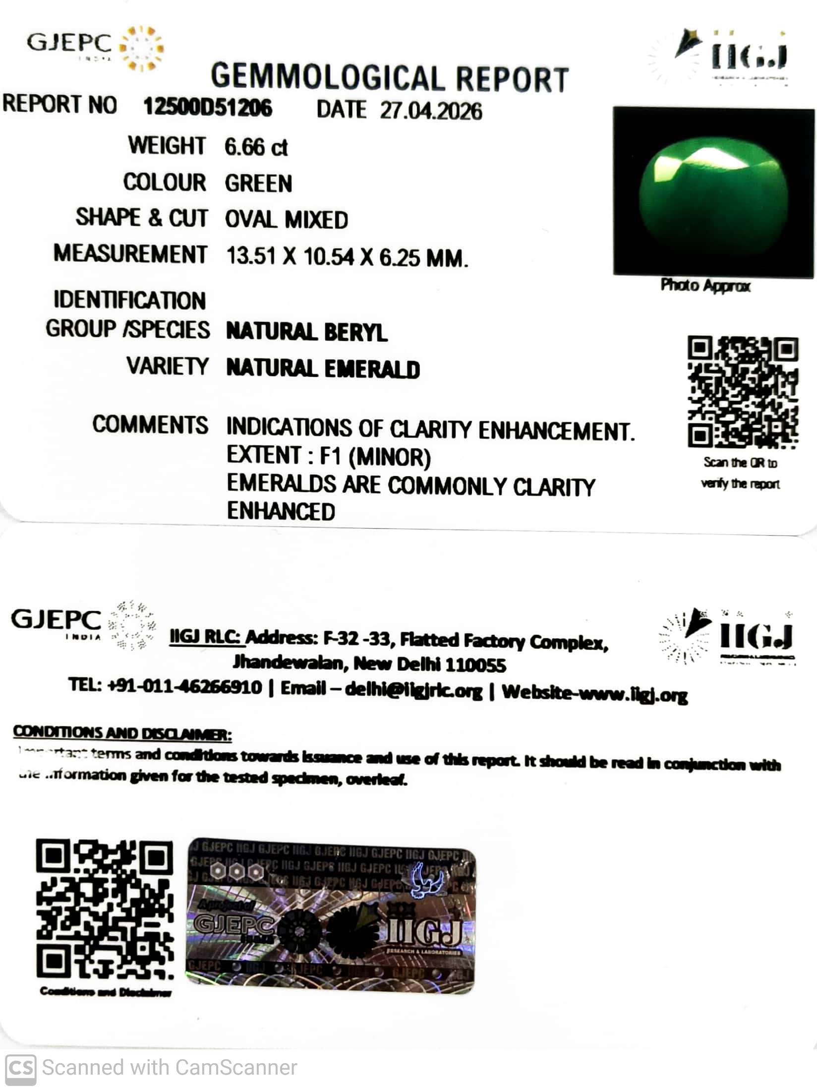 6.66/CT Natural Panna Stone with Govt. Lab Certificate-12500D51206