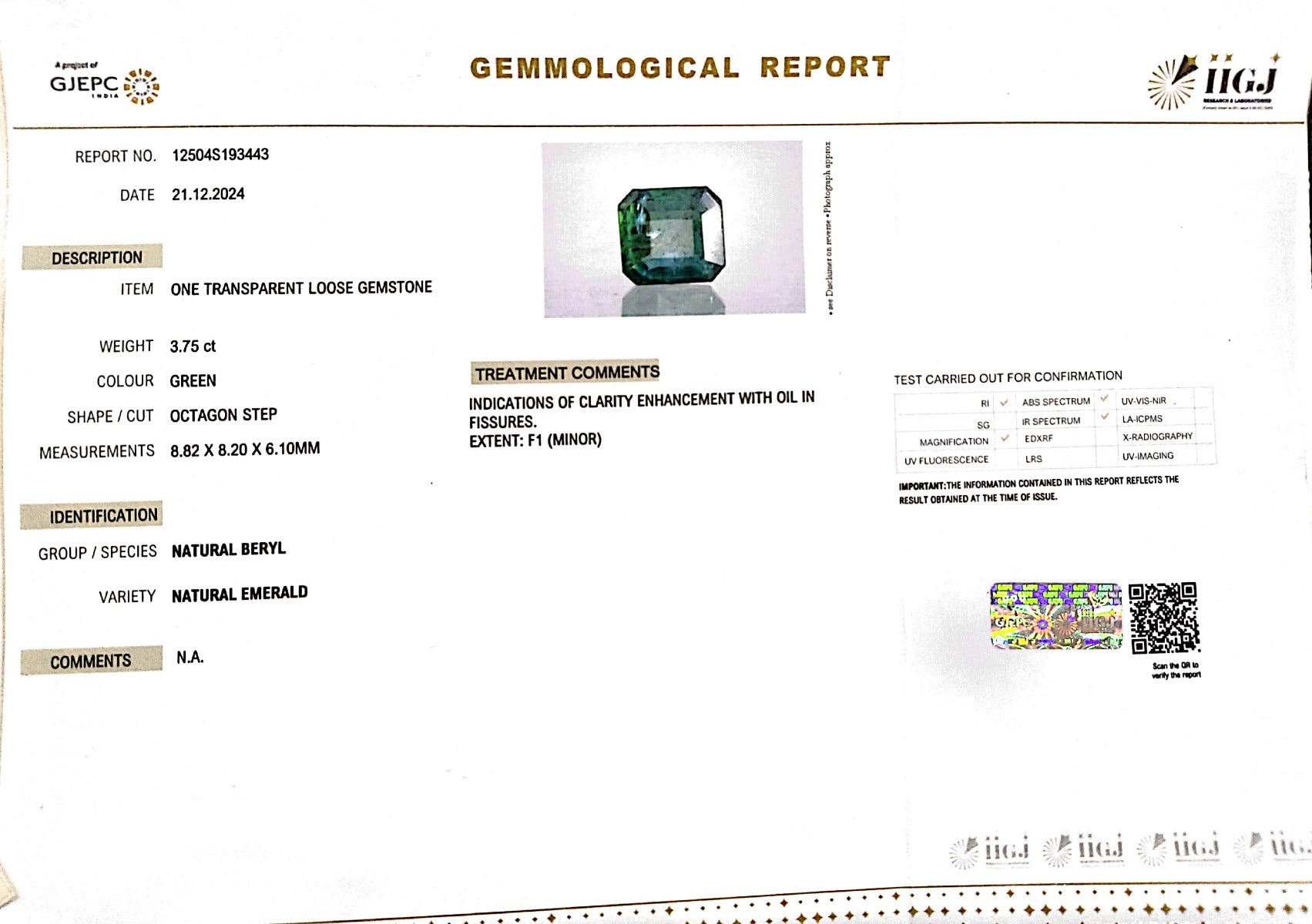 3.75/CT Natural Panna Stone with Govt. Lab Certificate-23310