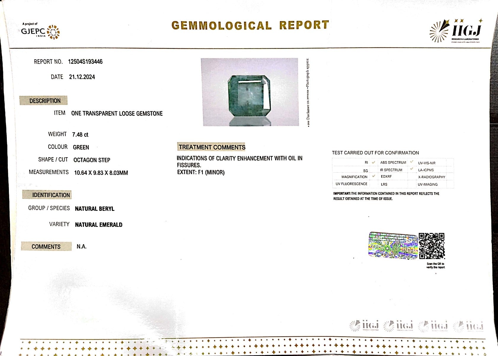 7.48/CT Natural Panna Stone with Govt. Lab Certificate-23310