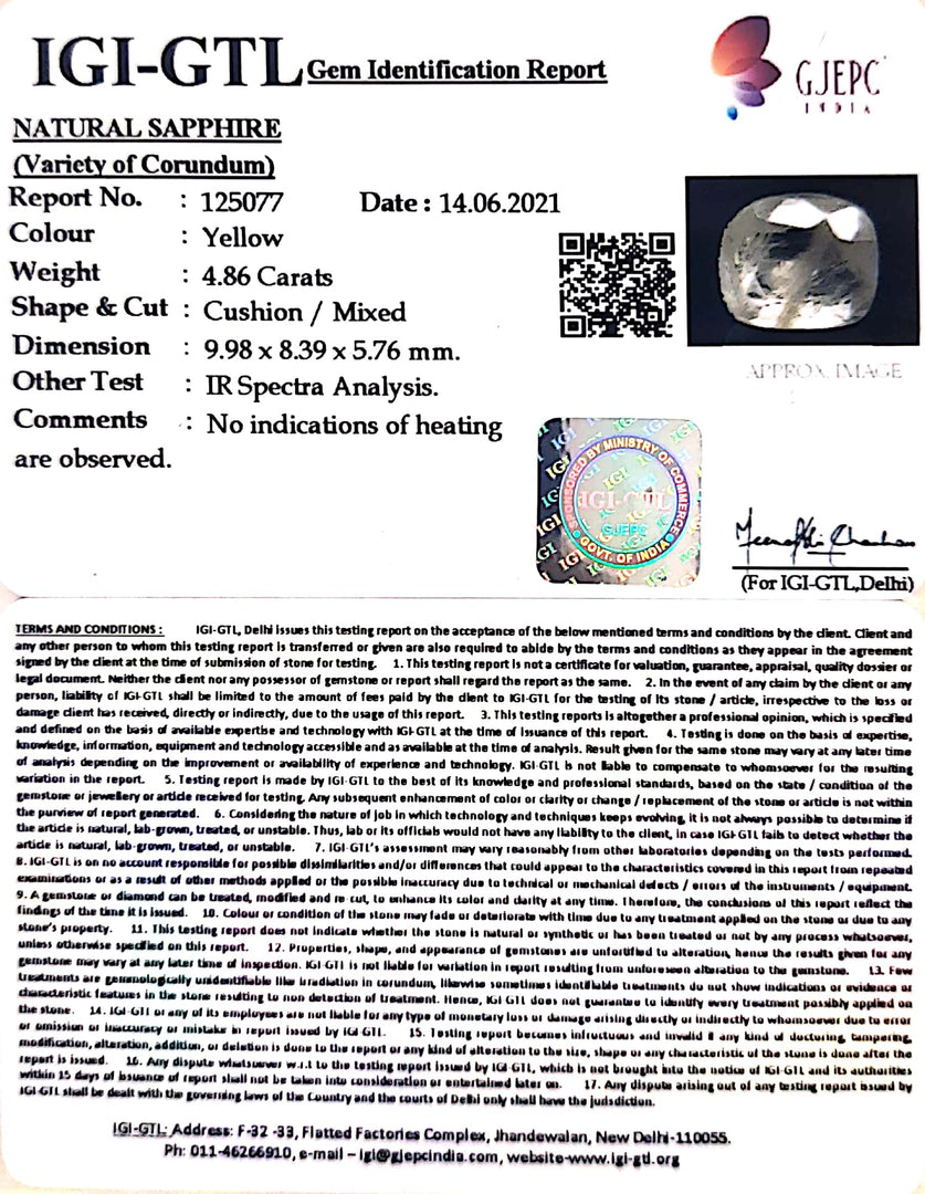 5.39 Ratti Natural Ceylonese Yellow Sapphire with Govt Lab Certificate-(6771)