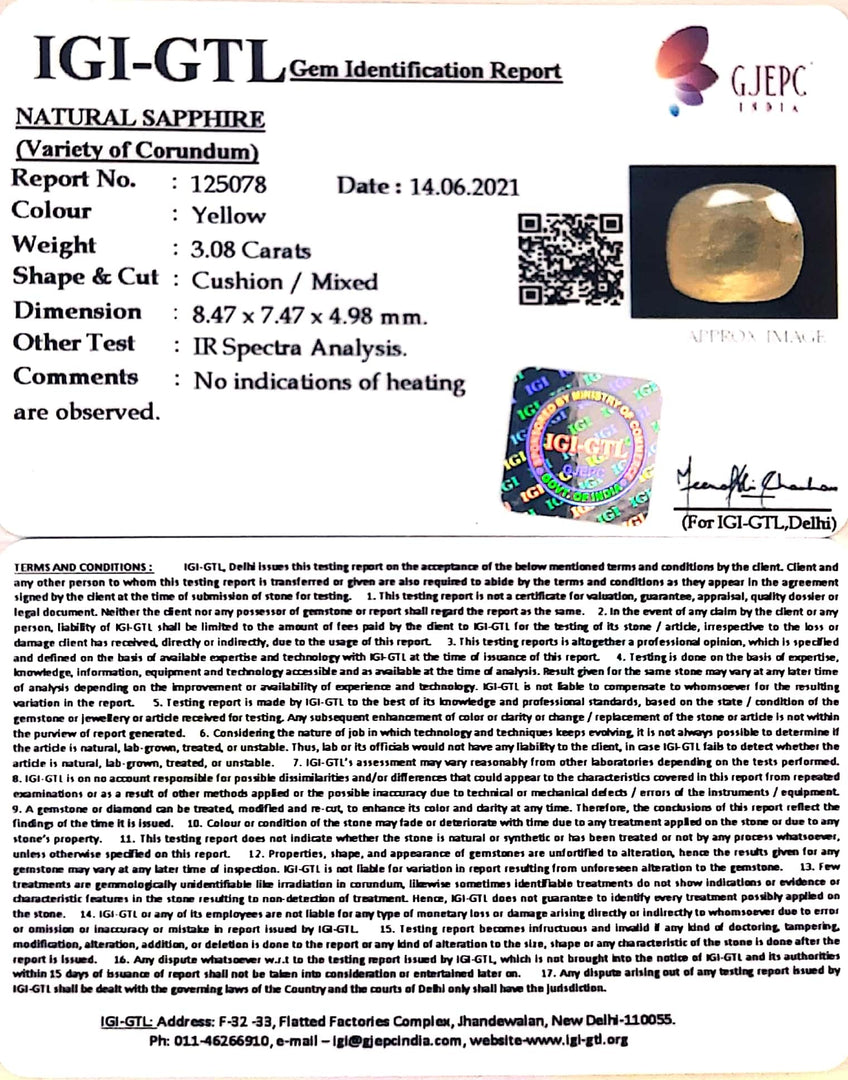 3.41 Ratti Natural Ceylonese Yellow Sapphire with Govt Lab Certificate-(6771)
