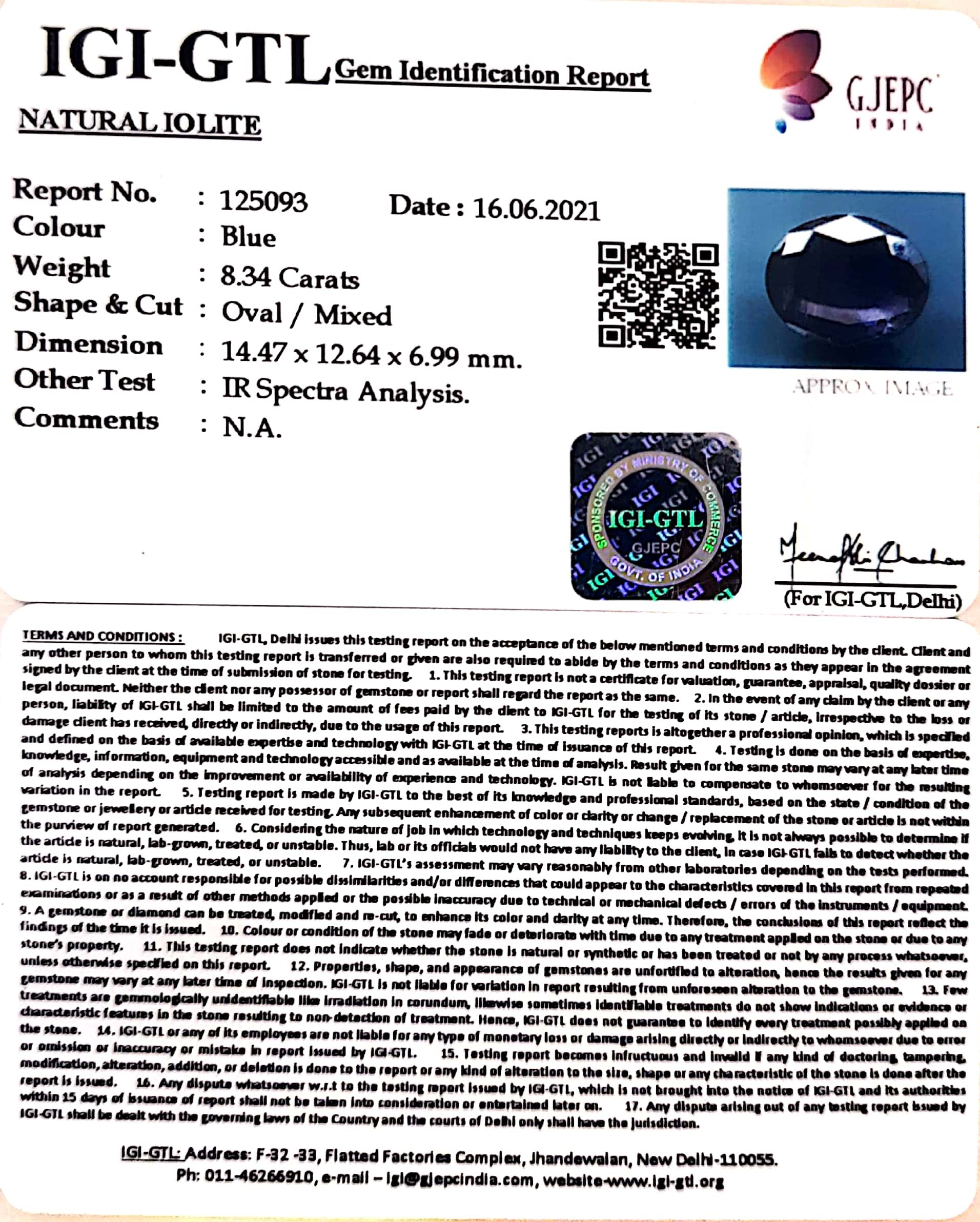 8.34/CT Natural Iolite With Govt. Lab Certificate