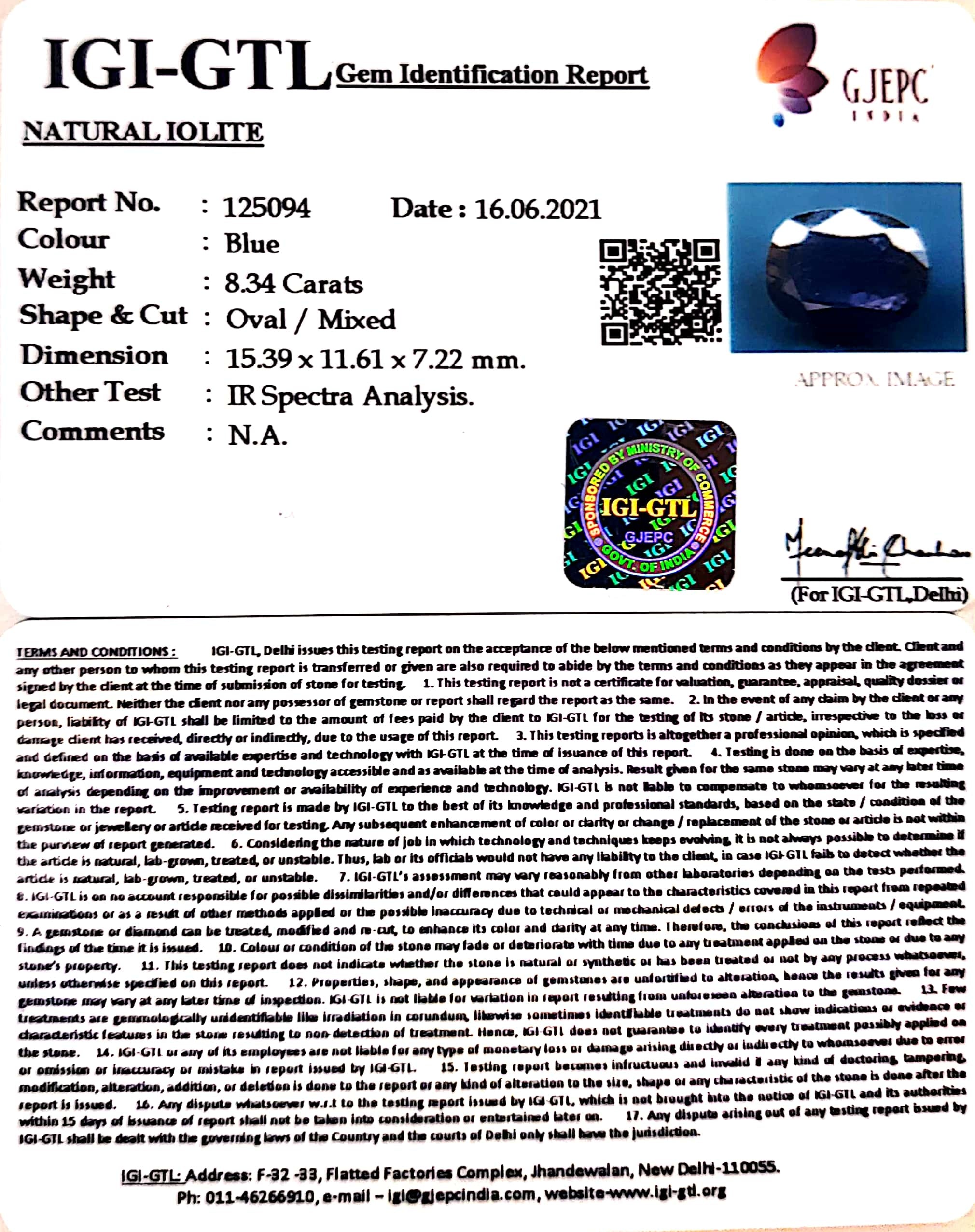 9.25 Ratti Natural Iolite With Govt. Lab Certificate