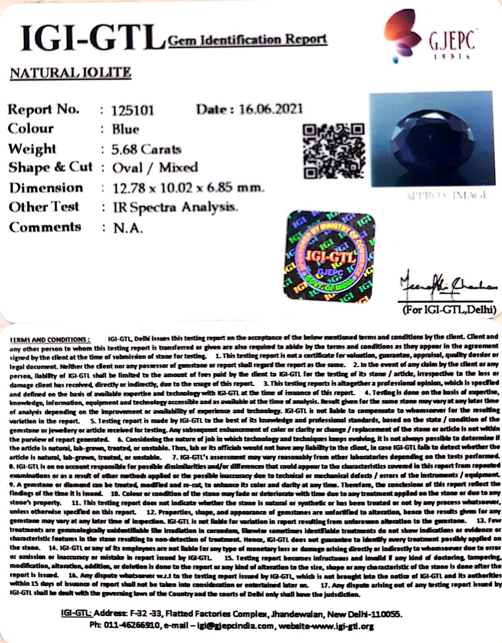 6.30 Ratti Natural Iolite With Govt. Lab Certificate-(610)