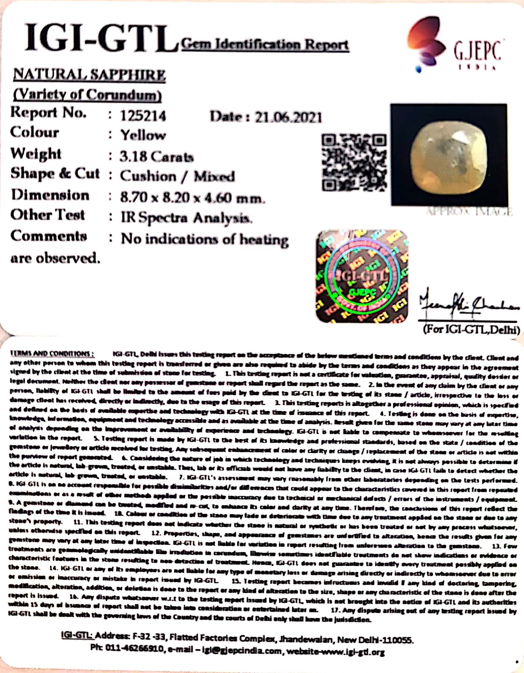 3.52 Ratti Natural Ceylonese Yellow Sapphire with Govt Lab Certificate-(6771)