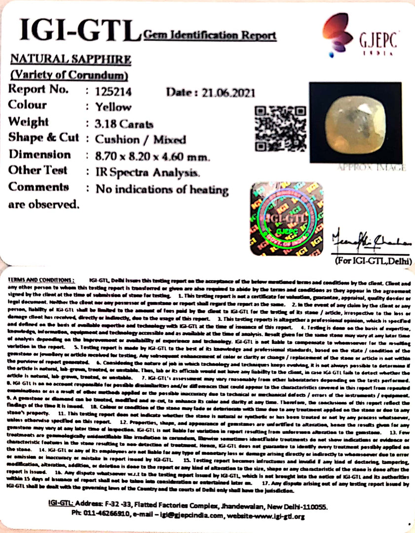 3.52 Ratti Natural Ceylonese Yellow Sapphire with Govt Lab Certificate-(6771)