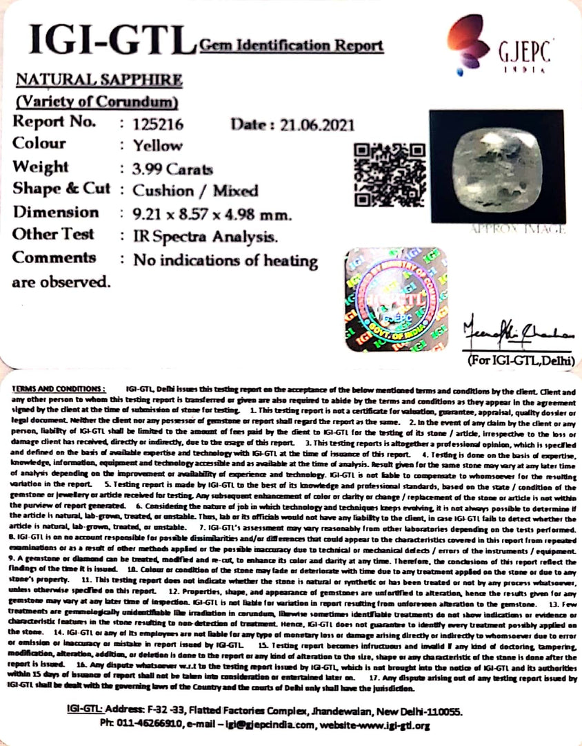 4.42 Ratti Natural Ceylonese Yellow Sapphire with Govt Lab Certificate-(6771)