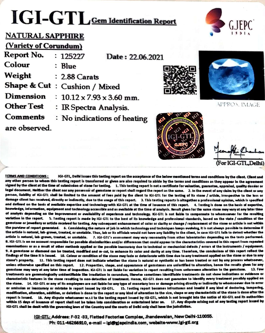 2.88/CT Natural Blue Sapphire With Govt Lab Certificate-BLUSA9S