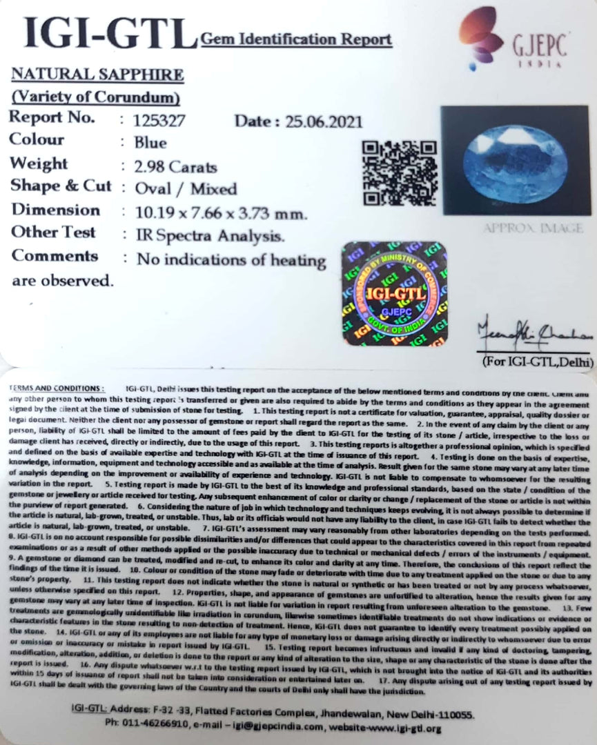 2.98/CT Natural Blue Sapphire with Govt Lab Certificate-BLUSA9T
