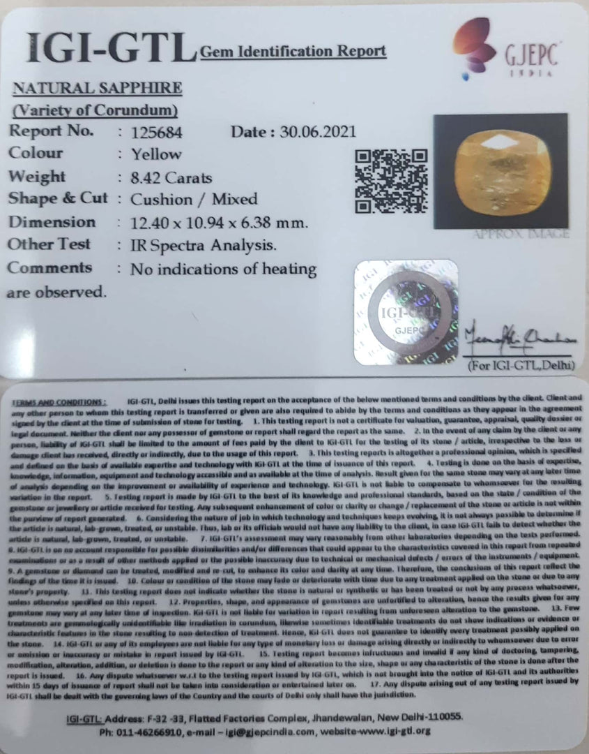 9.34 Ratti Natural Ceylonese Yellow Sapphire with Govt Lab Certificate (6771)