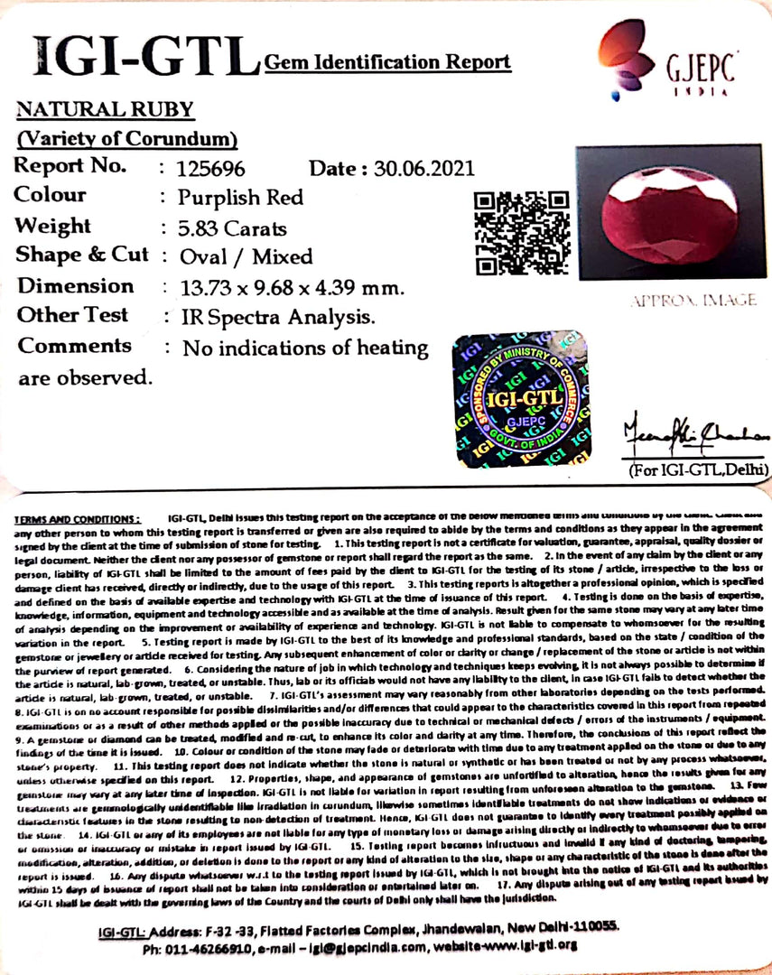 6.47 Ratti Natural Neo Burma Ruby with Govt. Lab Certificate-(3441)