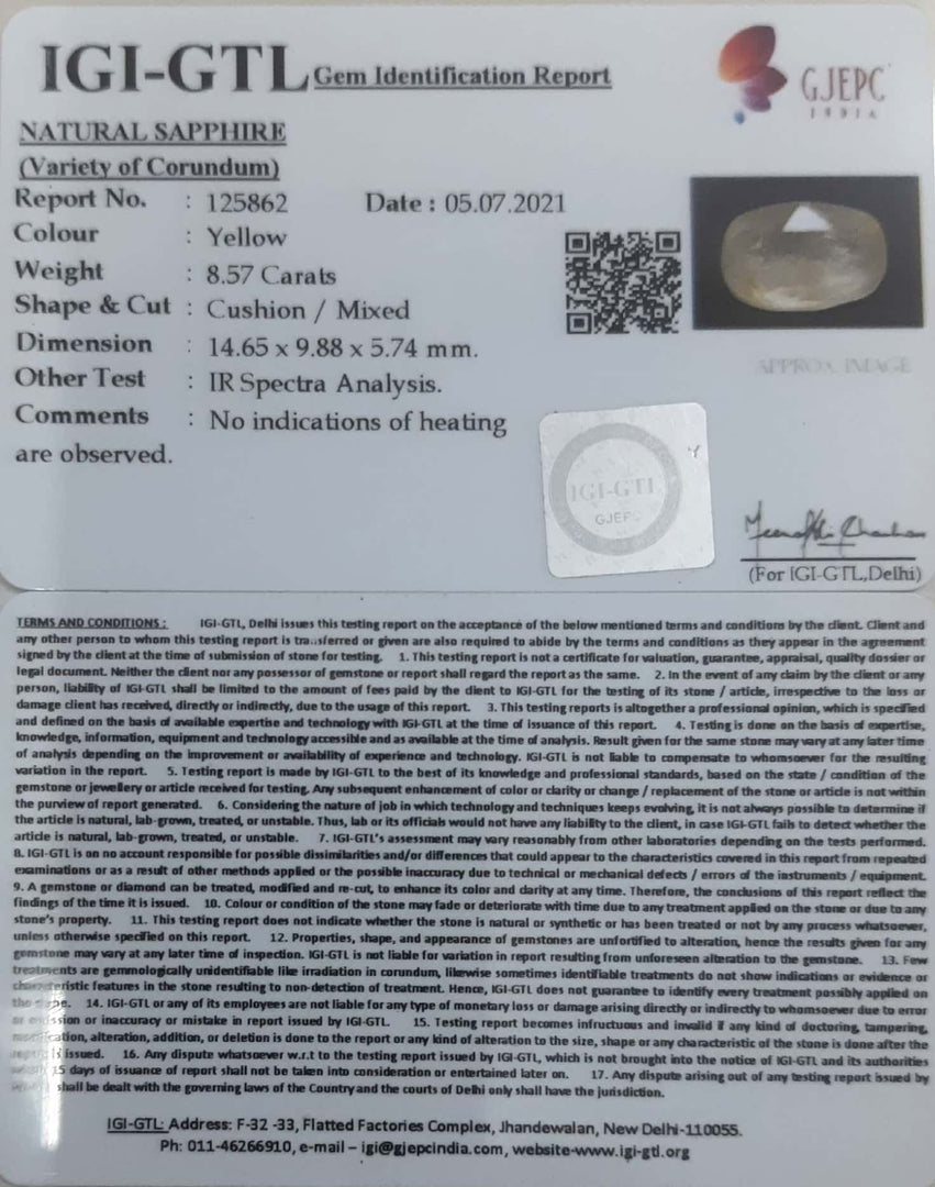 9.51 Ratti Natural Ceylonese Yellow Sapphire with Govt Lab Certificate-(4551)