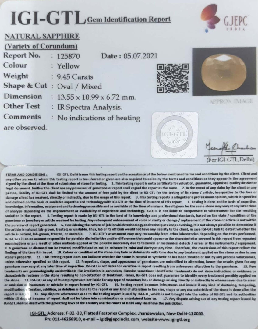 10.48 Ratti Natural Ceylonese Yellow Sapphire with Govt Lab Certificate-(6771)