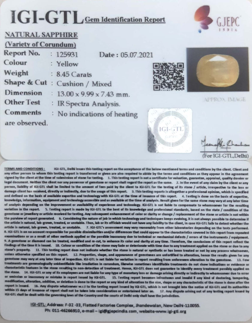 9.37 Ratti Natural Ceylonese Yellow Sapphire with Govt Lab Certificate-(4551)