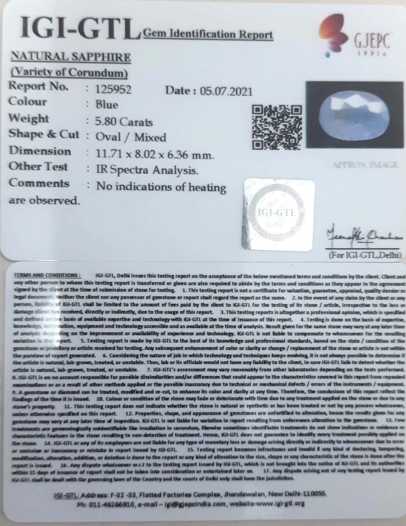 6.43 Ratti Natural Blue Sapphire With Govt Lab Certified-(6771)