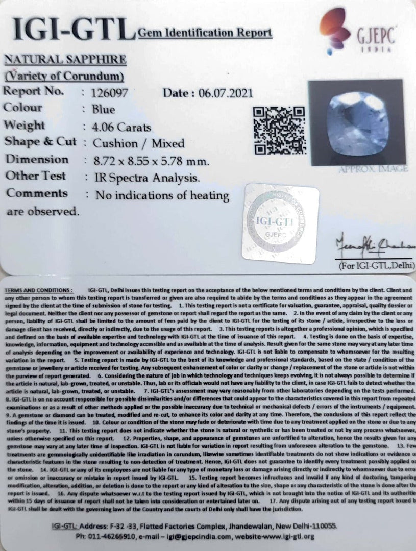 4.06/CT Natural Blue Sapphire with Govt Lab Certificate-BLUSA9S