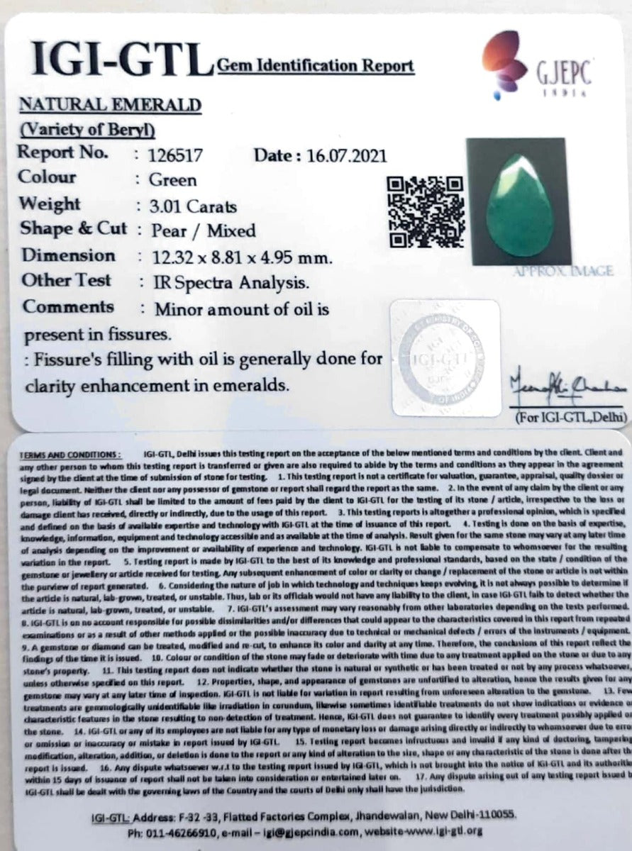 3.01/CT Natural Panna Stone with Govt. Lab Certified (126517)