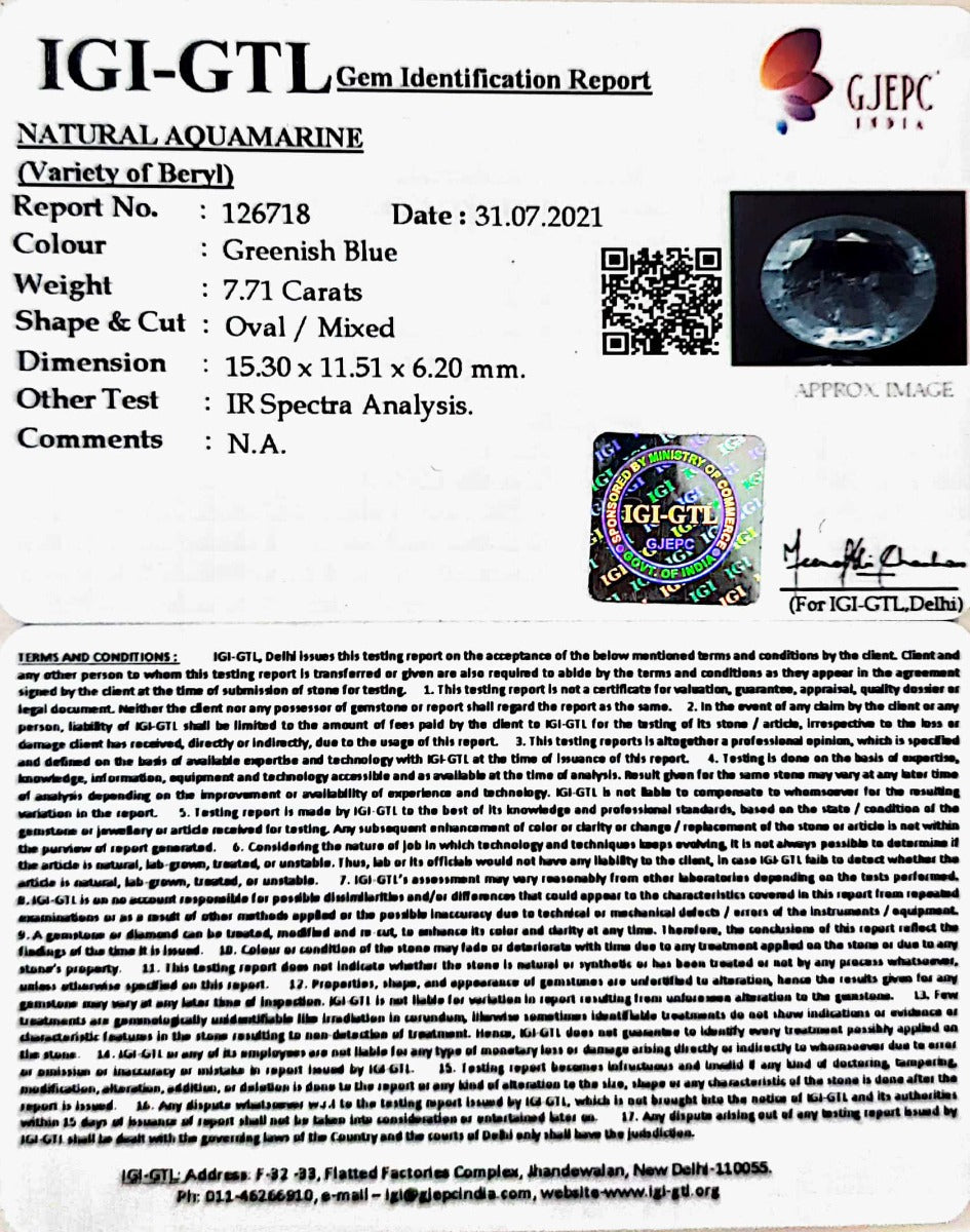 7.71/CT Natural Aquamarine with Govt Lab Certificate-1665