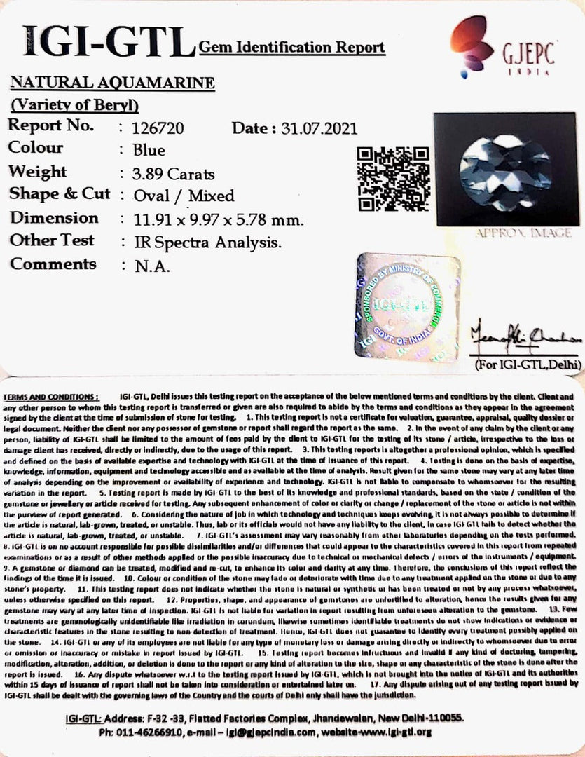 3.89/CT Natural Aquamarine with Govt Lab Certificate-5661