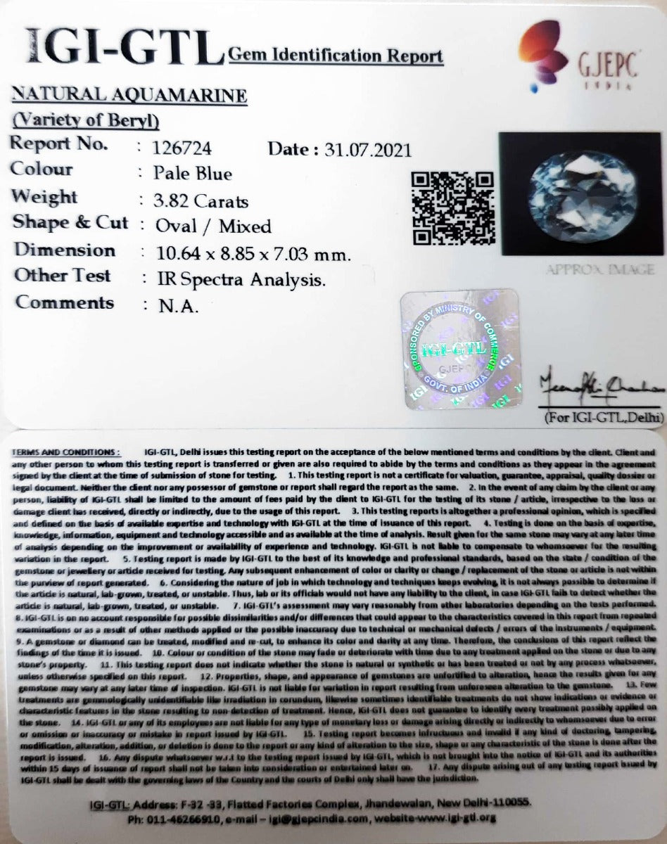 3.82/CT Natural Aquamarine with Govt Lab Certificate-5661