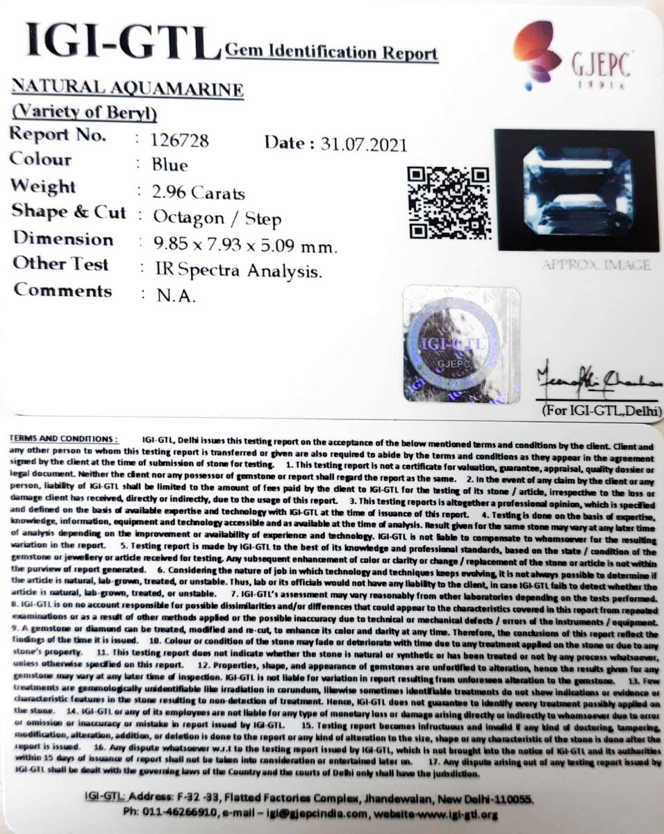 2.96/CT Natural Aquamarine with Govt Lab Certificate-5661