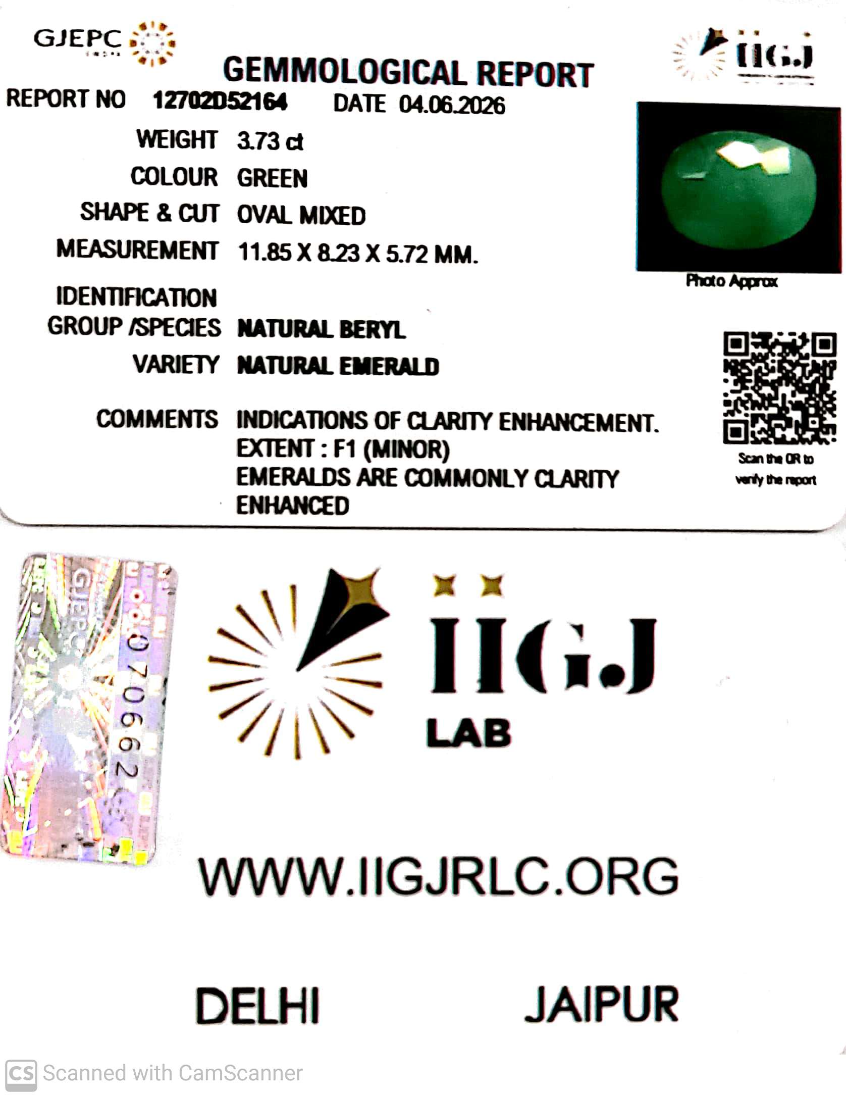 3.73/CT Natural Panna Stone with Govt. Lab Certificate-12702D52164