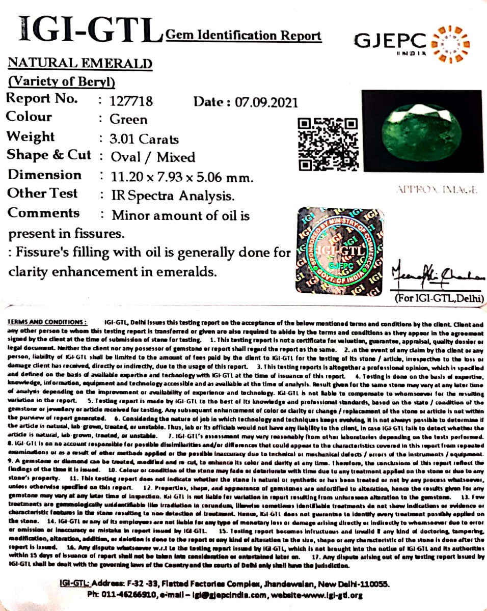 3.01/CT Natural Panna Stone with Govt. Lab Certified (127718)
