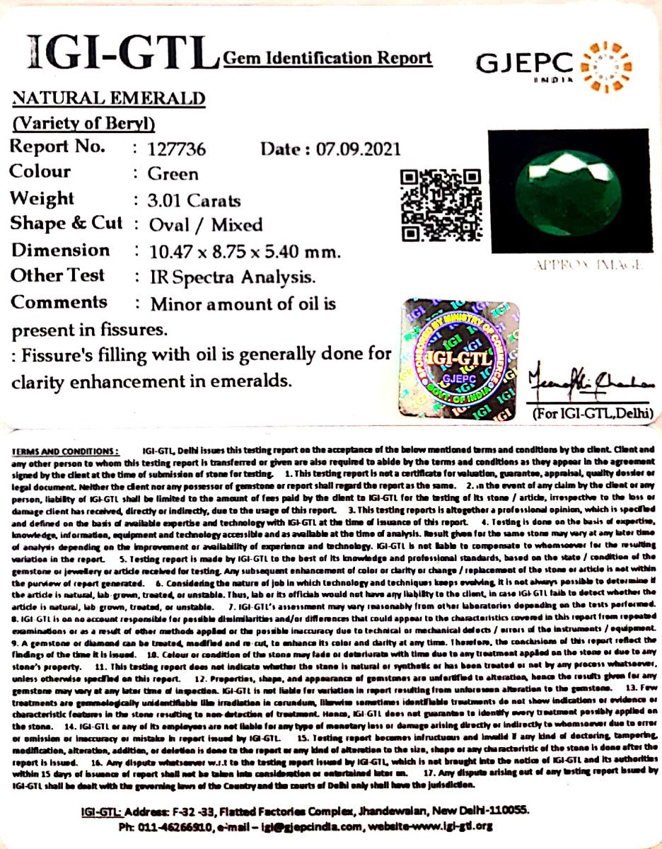 3.01/CT Natural Panna Stone with Govt. Lab Certificate