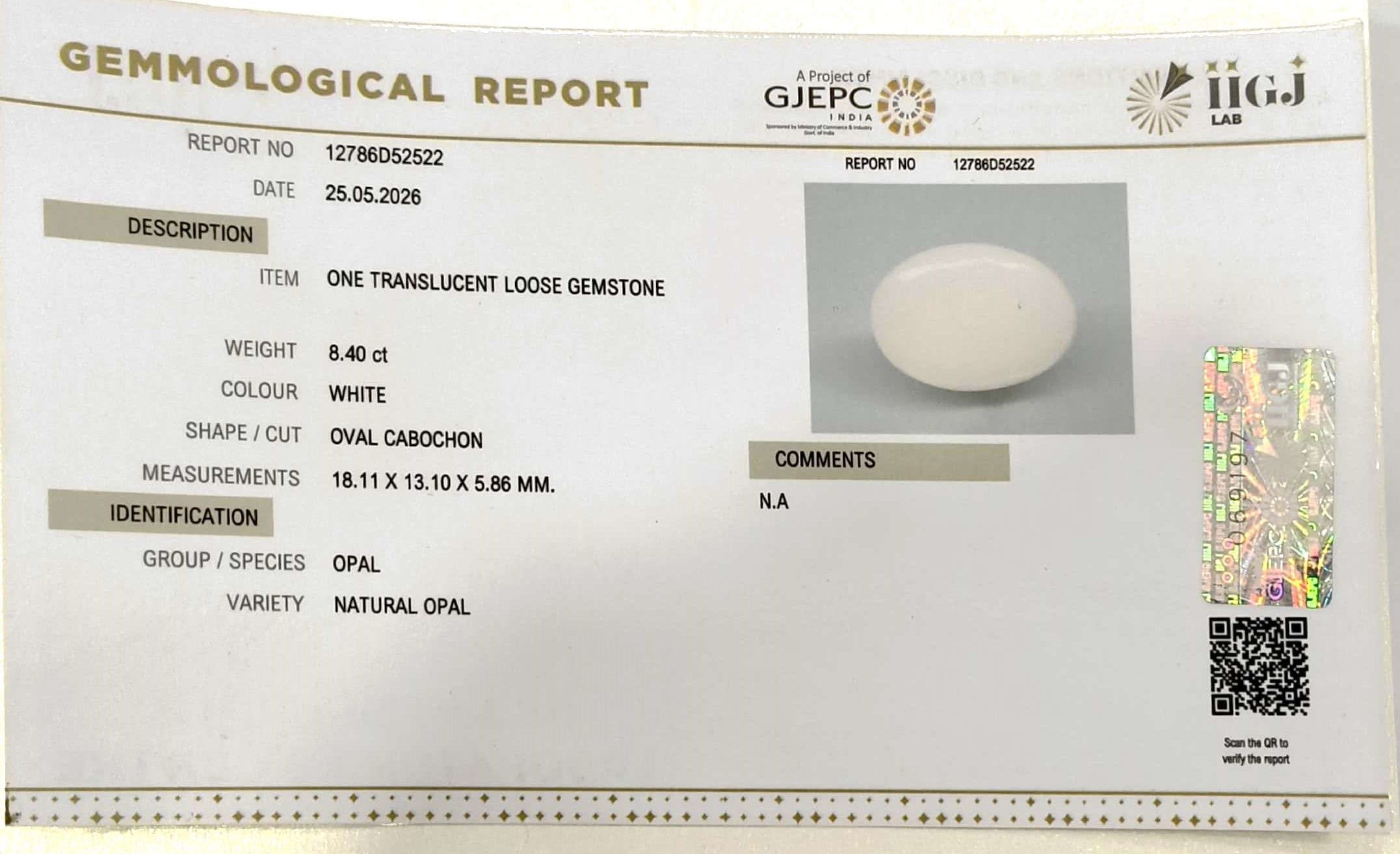 8.40/CT Natural FIRE OPAL with Govt. Lab Certificate - 12786D52522