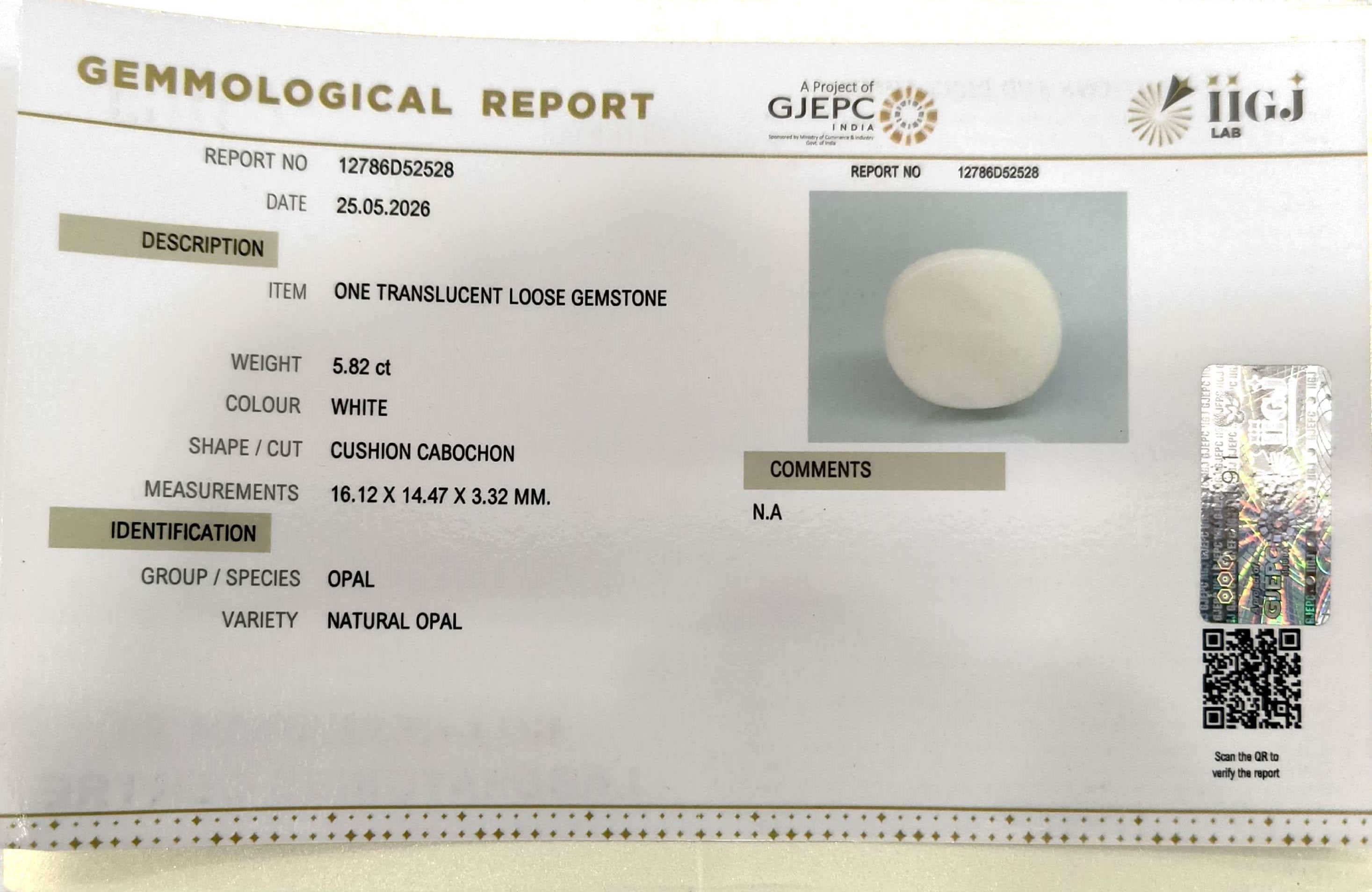 5.82/CT Natural FIRE OPAL with Govt. Lab Certificate - 12786D52528