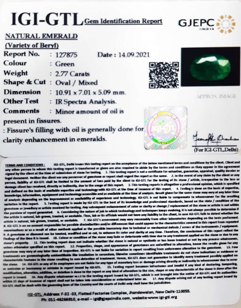 2.77/CT Natural Panna Stone with Govt. Lab Certificate (6771)