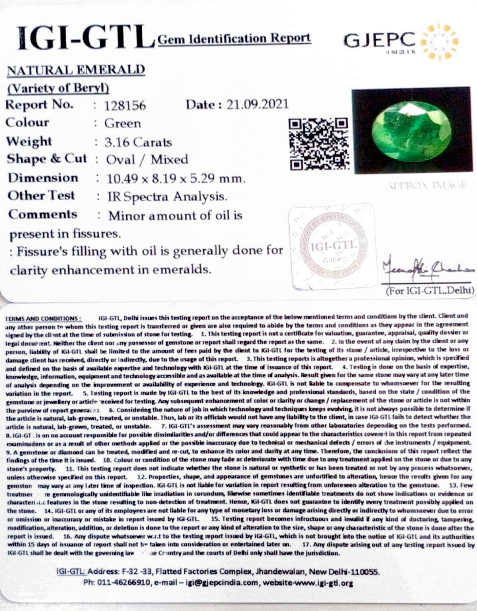 3.16/CT Natural Panna Stone with Govt. Lab Certificate (6771)