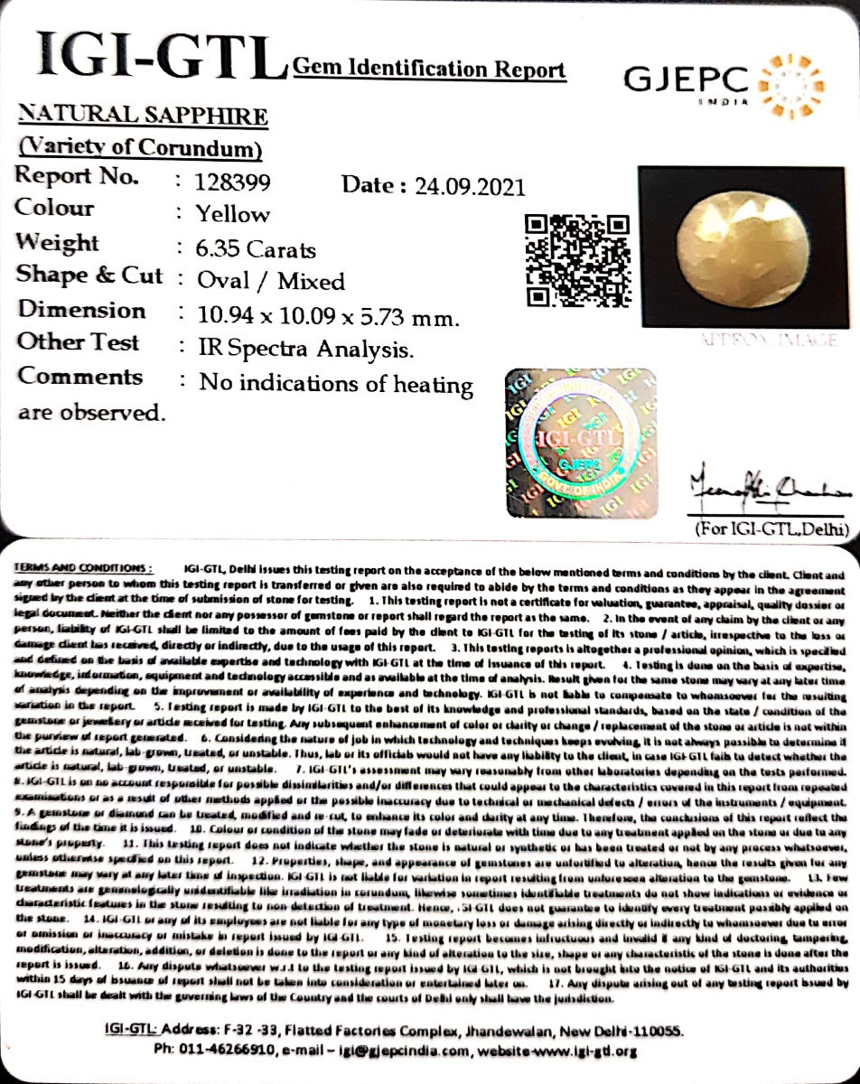 6.35/CT Natural Yellow Sapphire with Govt Lab Certificate-(1221)